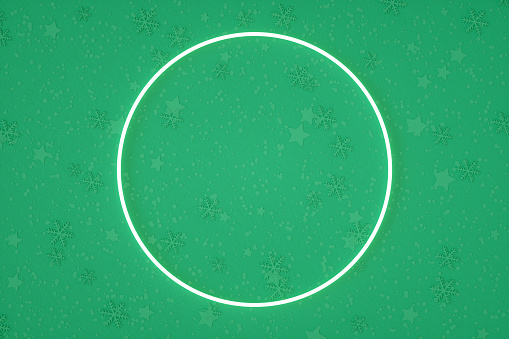 Christmas Neon Lighting Empty Frame Green Background, 3d render.