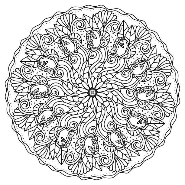 illustrations, cliparts, dessins animés et icônes de mandala avec papillons et marguerites, coloriage méditatif avec motifs ornés - abstract leaf curve posing