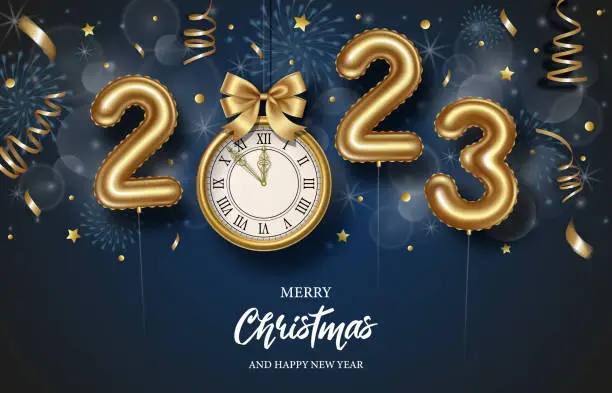 Vector illustration of happy new year background with gold balloons and gold clock. 2023 poster