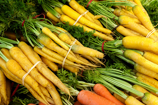 Close-up of organic carrots, bundled up, at outdoor farmer's market.