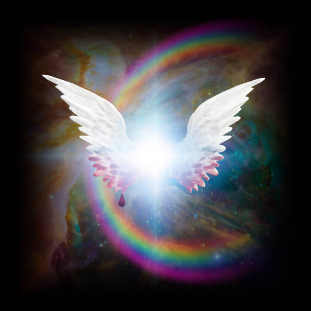 Blood on wings Surreal digital art. Bright star with angel's wings. Blood drips down from wings. Rainbow in colorful vivid universe. 3D rendering spirit guides stock pictures, royalty-free photos & images