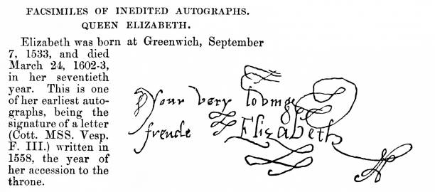 illustrations, cliparts, dessins animés et icônes de signature de la reine elizabeth, histoire britannique du 16ème siècle - elizabeth i