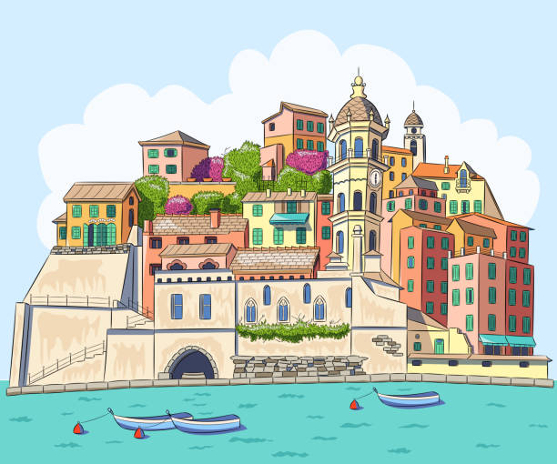 Color drawing of the Italian village Vernazza against the backdrop of the blue sea. Scenic view of the old Italian village of Vernazza on the seafront with boats. Vector illustration. spezia stock illustrations