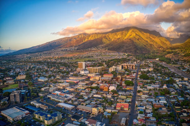 Aerial View of the City of Wailuku on the Island of Maui in Hawaii stock photo