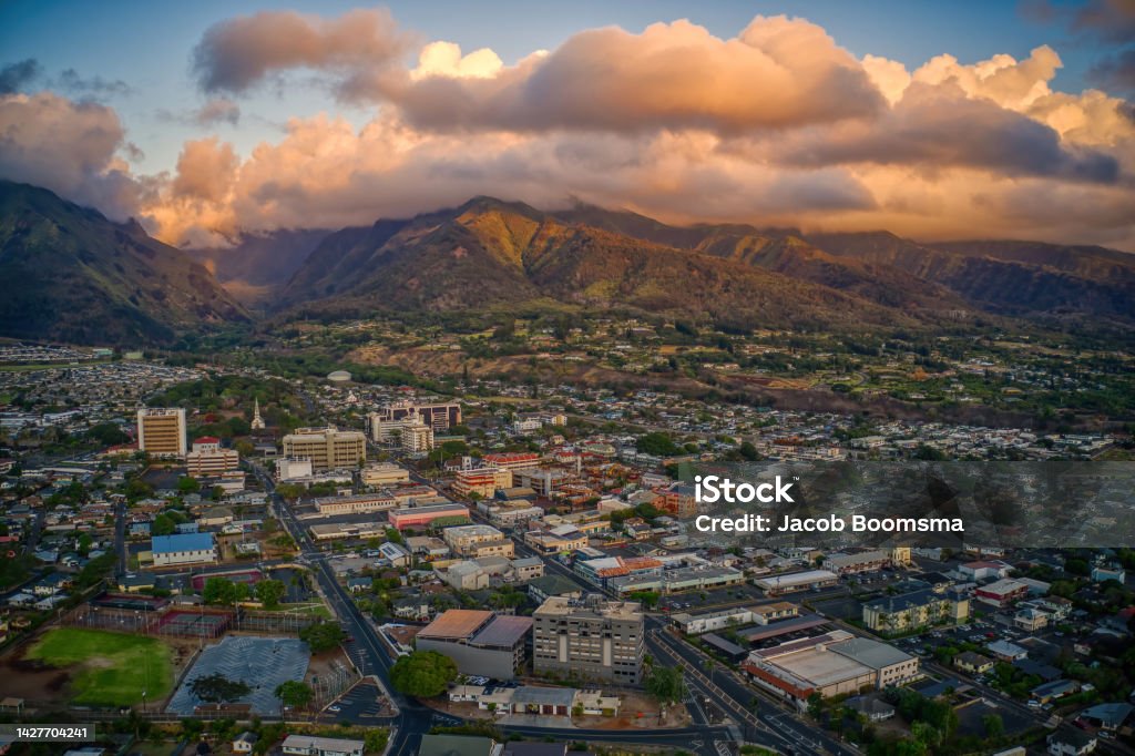 Aerial View of the City of Wailuku on the Island of Maui in Hawaii Maui Stock Photo