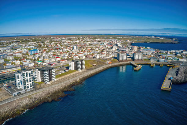 aerial view of the downtown skyline of reykjanesbær, iceland - oil filed imagens e fotografias de stock