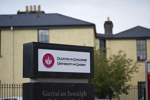 Galway, Ireland - September 7, 2022: Sign at the entrance to the University of Galway near University Road in Galway, Ireland.