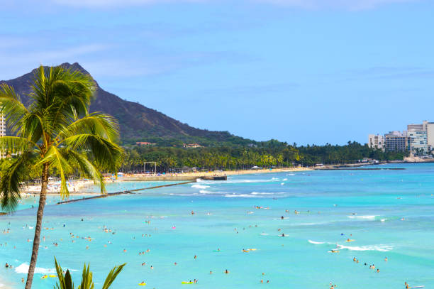 Aerial view of Waikiki Beach and the hotels lining it in the beautiful city of Honolulu along the Pacific Ocean in the state of Hawaii, USA.