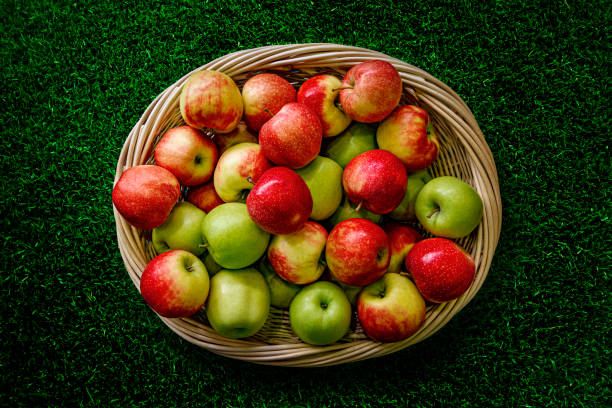 草の上に緑と赤のリンゴを入れたバスケット - apple granny smith apple red delicious apple fruit ストックフォトと画像