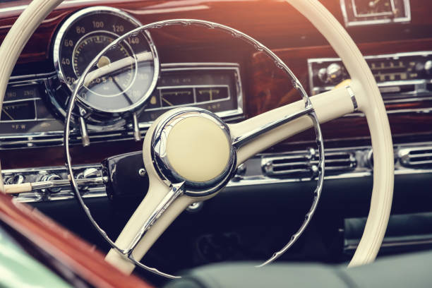 istock Interior of a retro old-fashioned car with steering wheel and dashboard 1427716689