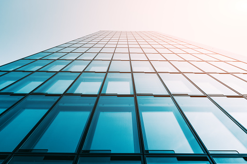 Abstract low angle view of a glass business skyscraper building