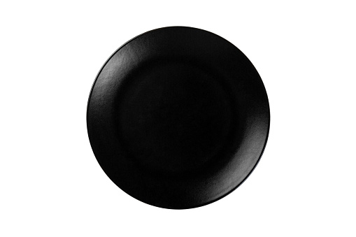 Top view of black empty plate on isolared white background.