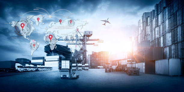 istock Smart Global Logistics international delivery concept, World map with logistic network distribution on background for Concept of fast or instant shipping, Online goods orders worldwide 1427719886