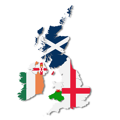 UK British Isles flag map on white background 3d illustration with clipping path to remove shadow