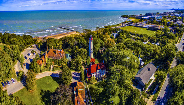 Grosse Pointe Lighthouse, Evanston, IL Aerial View illinois stock pictures, royalty-free photos & images