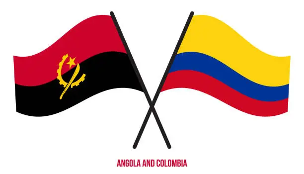 Vector illustration of Angola and Colombia Flags Crossed And Waving Flat Style. Official Proportion. Correct Colors.