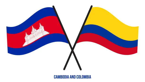 Vector illustration of Cambodia and Colombia Flags Crossed And Waving Flat Style. Official Proportion. Correct Colors.