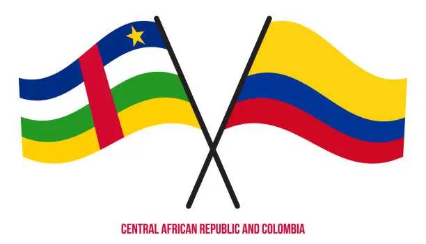 Vector illustration of Central African Republic and Colombia Flags Crossed And Waving Flat Style. Official Proportion.