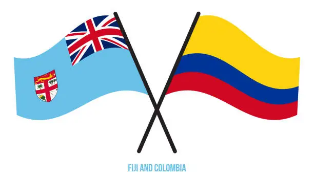 Vector illustration of Fiji and Colombia Flags Crossed And Waving Flat Style. Official Proportion. Correct Colors.