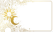 istock Mystical banner with copy space, golden sun and moon with stars on white background, card for astrology, banner for tarot, fortune telling, mystical party. Vector illustration. 1427728666