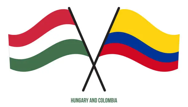 Vector illustration of Hungary and Colombia Flags Crossed And Waving Flat Style. Official Proportion. Correct Colors.