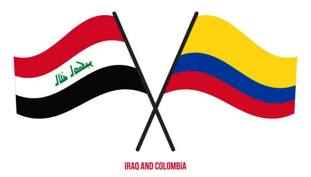 Vector illustration of Iraq and Colombia Flags Crossed And Waving Flat Style. Official Proportion. Correct Colors.