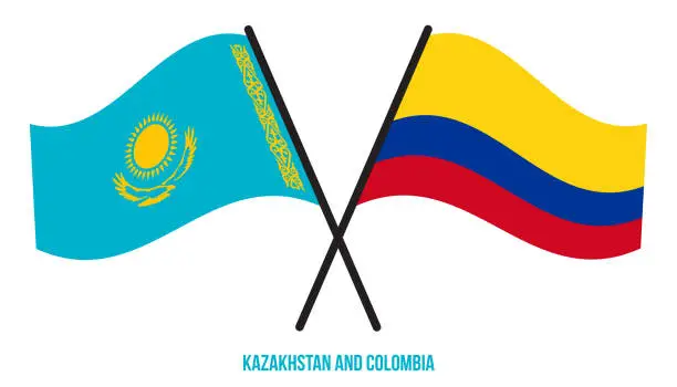 Vector illustration of Kazakhstan and Colombia Flags Crossed And Waving Flat Style. Official Proportion. Correct Colors.