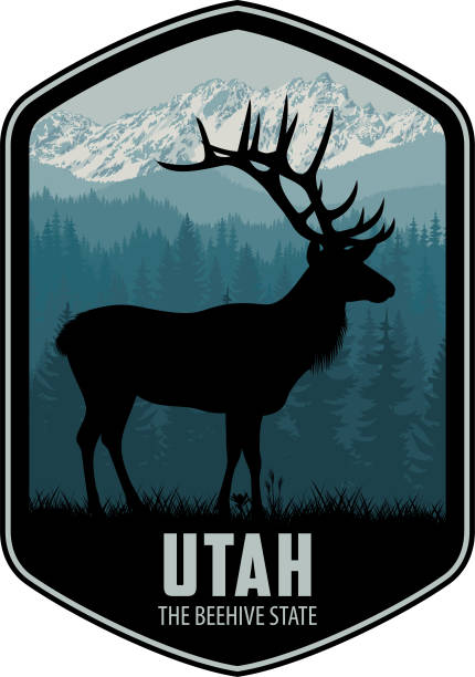 utah-vektorbeschriftung mit rocky mountain elk und rocky mountains - salt lake city illustrations stock-grafiken, -clipart, -cartoons und -symbole