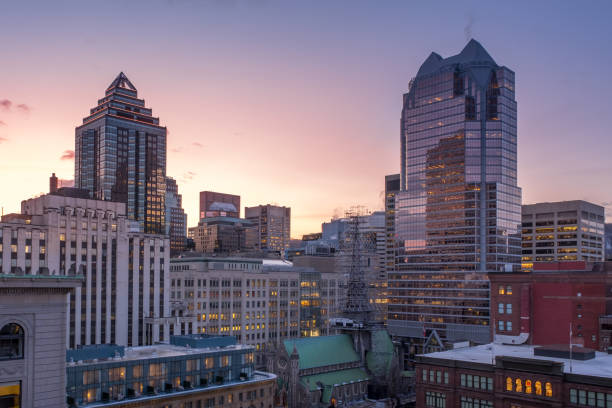 Beautiful dynamic view of the buildings located near Square Philipps in Montreal. You can see 1501 McGill College Avenue, also called La Tour McGill, Hudson's Bay, Scotia Bank, Christ Church Cathedral and the KPMG Tower from the financial district in Montreal.