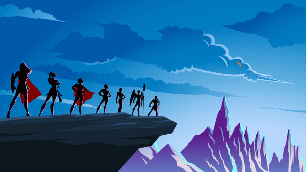 vektor alle weiblichen superhelden silhouette auf einer klippe mit bergkette hintergrund stock illustration - silhouette landscape cliff mountain stock-grafiken, -clipart, -cartoons und -symbole