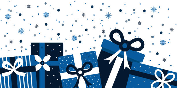 illustrations, cliparts, dessins animés et icônes de cadeaux de noël et de vacances neige fond d’hiver - bow blue gift white