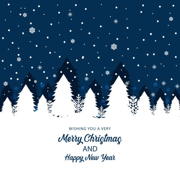 ilustrações, clipart, desenhos animados e ícones de feliz cena de paisagem de inverno de natal com árvores e fundo de neve caindo - christmas christmas tree snowing blue