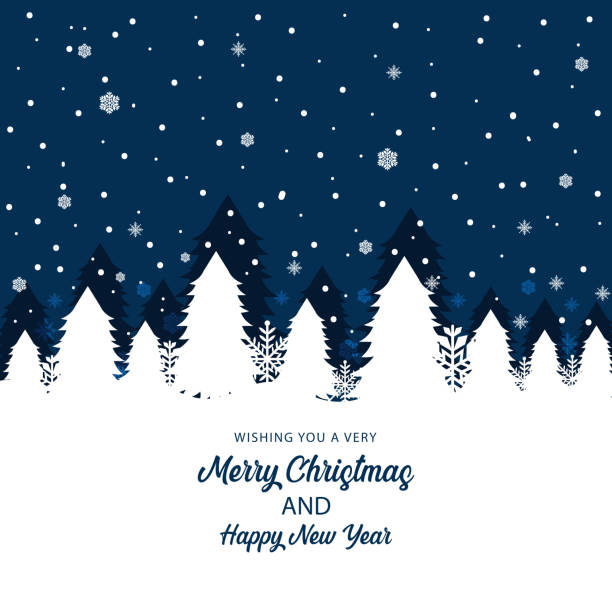 с рождеством, зимним пейзажем с деревьями и падающим снегом - christmas tree christmas wood woods stock illustrations