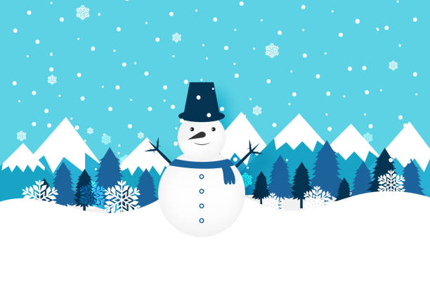 冬の風景の背景を持つ地上の雪だるま - ウィンターワンダーランド点のイラスト素材／クリップアート素材／マンガ素材／アイコン素材