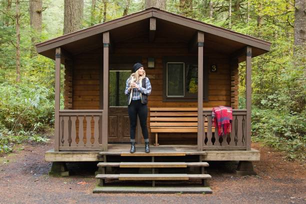 Woman at a Cabin on Vacation in Oregon stock photo