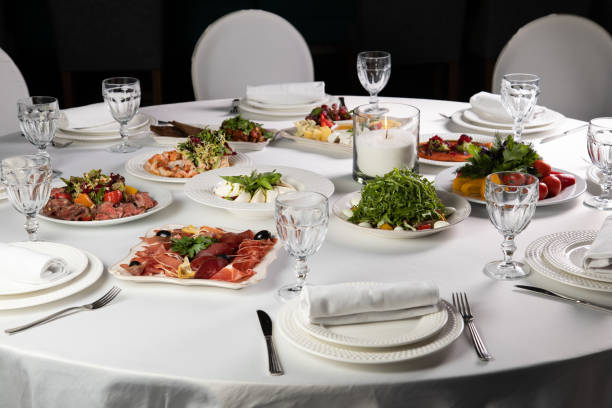 istock Empty table seen from side in dishes on a dining table with Bavarian specialities. Beer Fest 1427802591