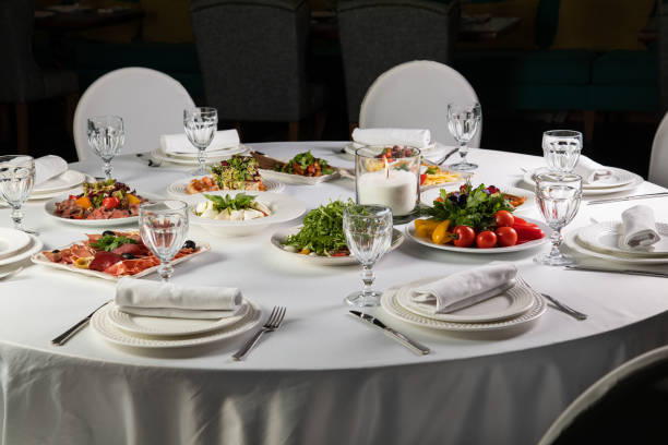 istock Empty table seen from side in dishes on a dining table with Bavarian specialities. Beer Fest 1427803530