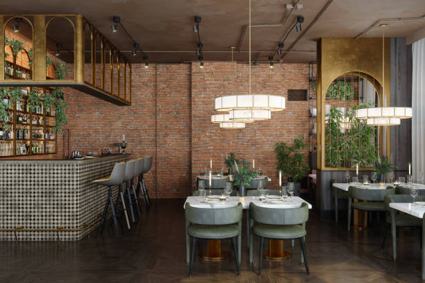 istock Luxury Restaurant Interior With Bar Counter And Tables At Night 1427804808