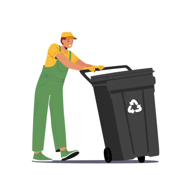 Vector illustration of Scavenger in Uniform Pull Litter Bin. Trash and Wastes Recycling, City Cleaning Service Work. Employee Cleaning Garbage
