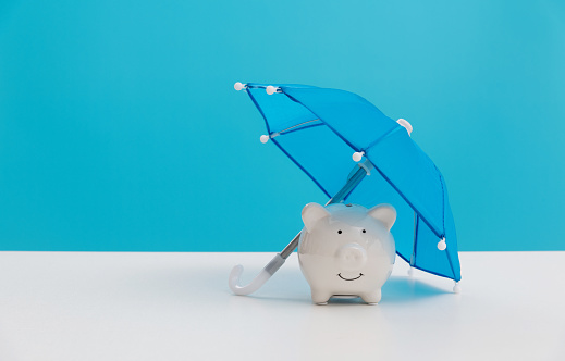 Piggy bank under an umbrella.
