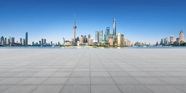 istock Panoramic skyline of Shanghai and Huangpu river, and empty floor 1427813744