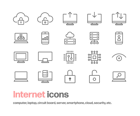 Set of simple line drawing icons such as cloud, security, PC, smartphone, server, semiconductor