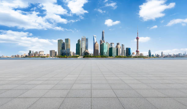 istock Panoramic skyline of Shanghai and Huangpu river, and empty floor 1427815611