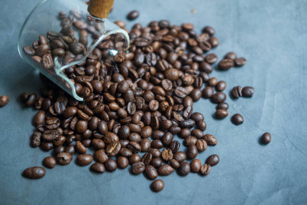 istock Roasted coffee beans are scattered from glass cup onto a table 1427829903