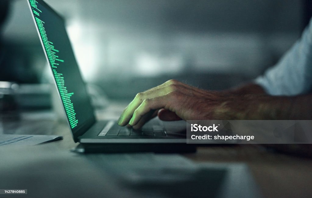 Laptop Programmer Hands Coding At Night For Cloud Computing Cyber ...