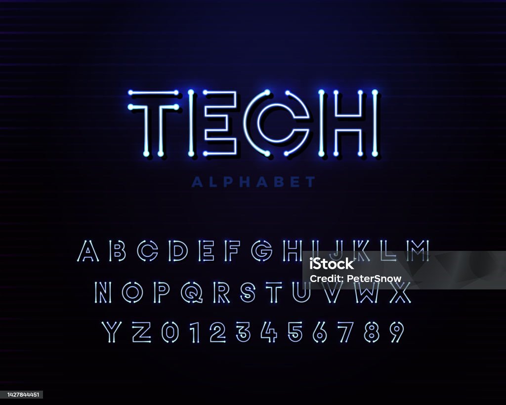 Led Typeface Tech Vector Font Typeface Unique Design With Led Neon Light Lamps For ...