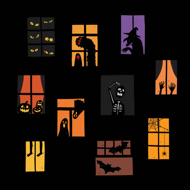 illustrazioni stock, clip art, cartoni animati e icone di tendenza di illustrazione vettoriale del set di siluetta delle finestre di halloween. molto facile da modificare. - shadow monster fear spooky