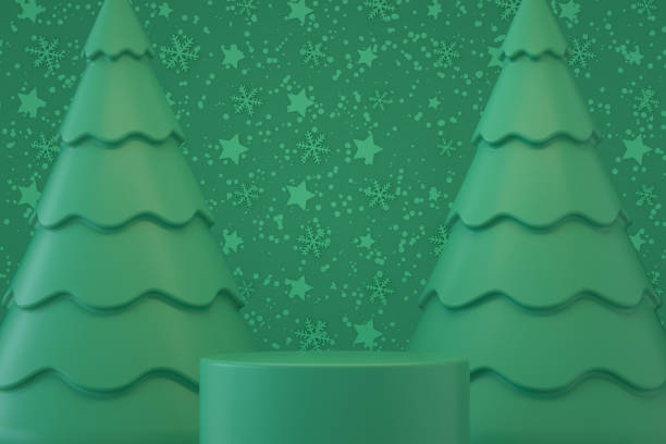 istock Empty product podium, platform, stand, exhibition with Christmas tree, new year concept, green background 1427845092