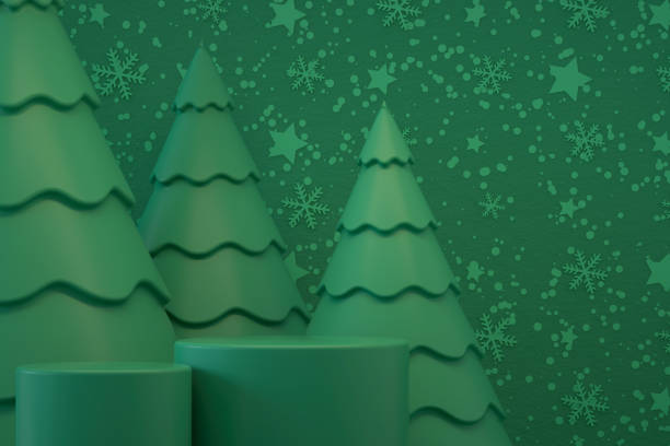 istock Empty product podium, platform, stand, exhibition with Christmas tree, new year concept, green background 1427845793