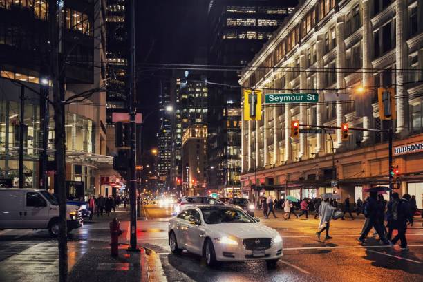 Vancouver Downtown in Rainy Night stock photo